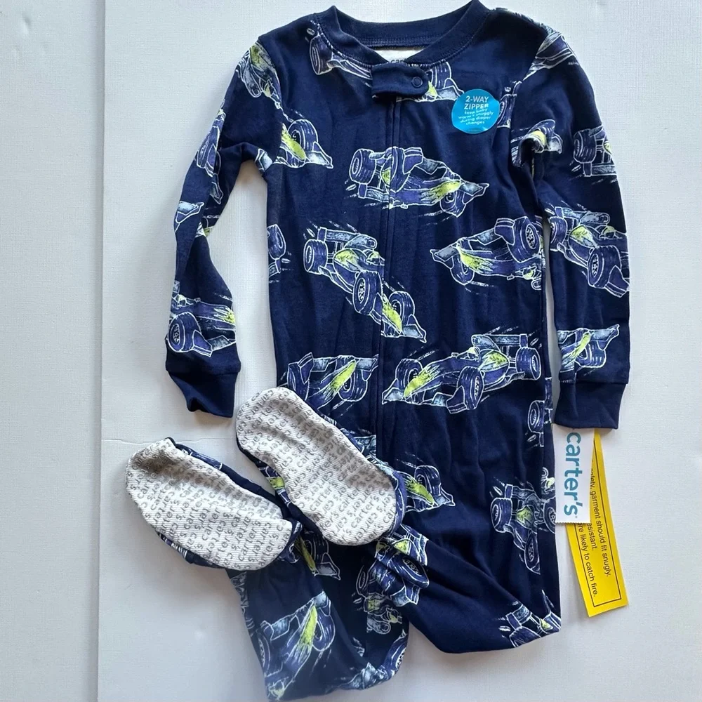 Carters 2‎ way zipper footed sleeper baby toddler boy 24 mo blue race cars NWT